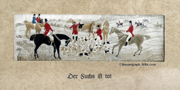 Stevens silk depicting the death of a fox, with German title, Der Fuchs ist tot, printed on card mount
