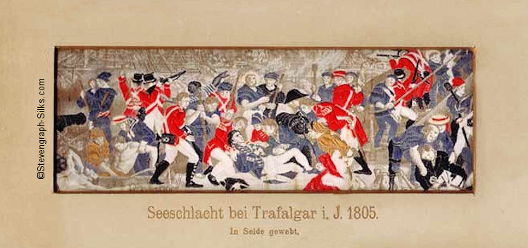 Stevens silk depicting the death of Nelson at Trafalgar, Seeschlacht bei Trafalgar i. J. 1805, printed on card mount