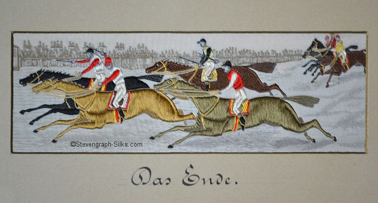 Image of the three groups of horses racing to the finishing line, with German words, Das Ende, printed on card mount