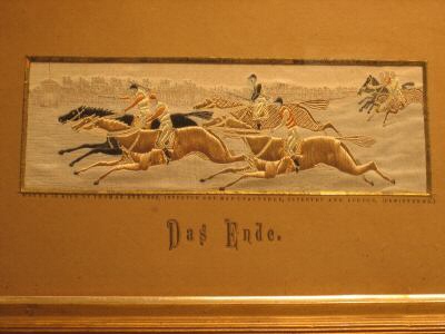 Image of the three groups of horses racing to the finishing line, with German words, Das Ende, printed on card mount
