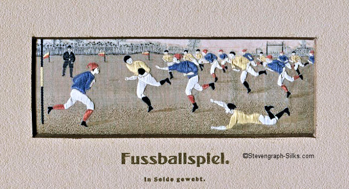 Stevens silk picture of players in an early, old fashioned soccer game, with German language title, Fussballspiel