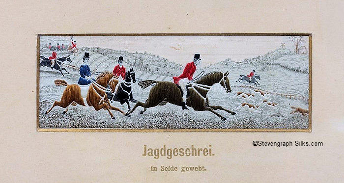 Riders on their horses, with fox hounds, chasing a fox, with German title, Jagdgeschrei, printed on cardboard matt.