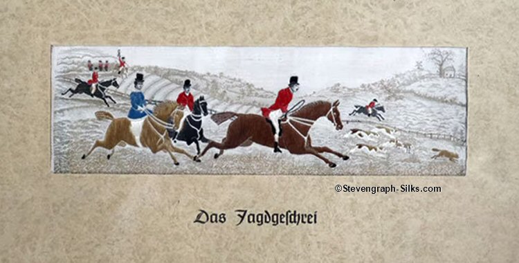 Riders on their horses, with fox hounds, chasing a fox, with German title, Das Jagdgeschrei, printed on cardboard matt.