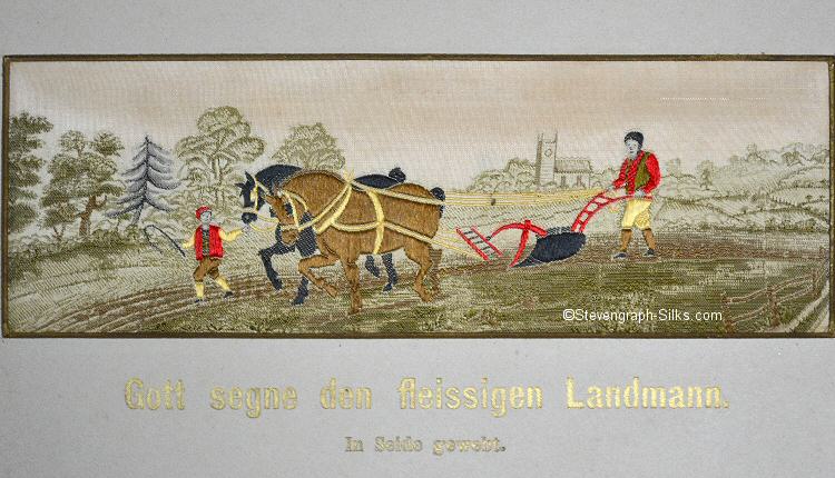 Image of a young boy guiding two horses pulling a plough held by a man, with German title, Gott segne den fleissigen Landmann, printed below