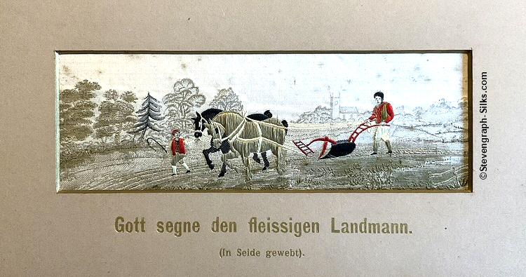 Image of a young boy guiding two horses pulling a plough held by a man, with German title, Gott segne den fleissigen Landmann, printed below