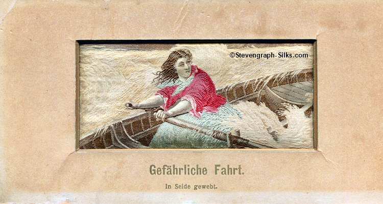 Stevens silk picture of Grace Darling rowing her boat, with German language title, Gefährliche Fahrt, printed on card