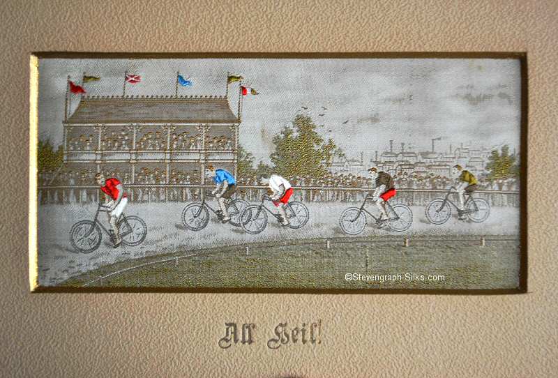 Image of five cyclists racing round a track, with German title, All Heil!, printed below