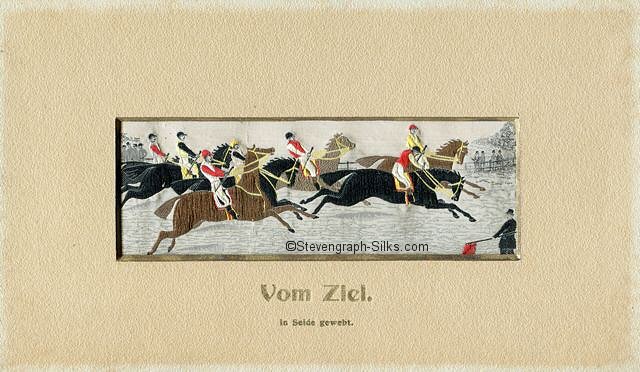 Stevens silk depicting the horses eager to get away at the start of a race, with German words, Vom Ziel, printed on card mount