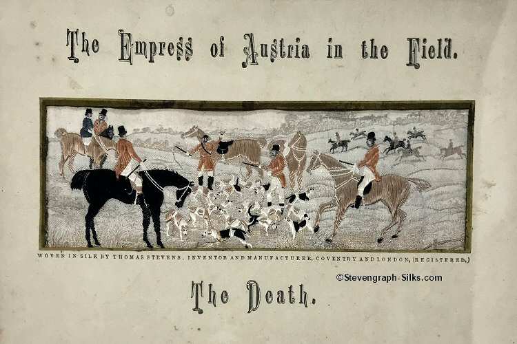Fox hounds tearing at a fox, watched by hunters mounted on horse back, with overprinted title above mounted silk