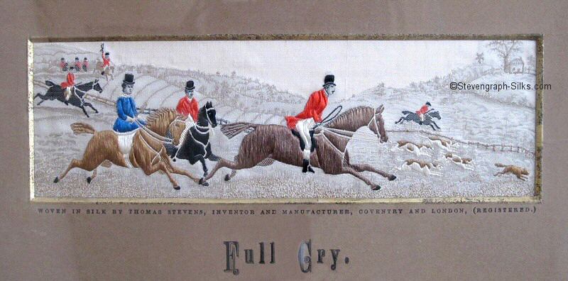 Group of horse riders and hounds chasing a fox