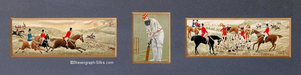Image of three silks, being st248-Full Cry, so312-WG (Grace portrait) and st116-The Death
