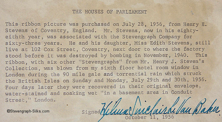 Label attached to another picture of Houses of Parliament, this being signed by Wilma Sinclair Le Van Baker