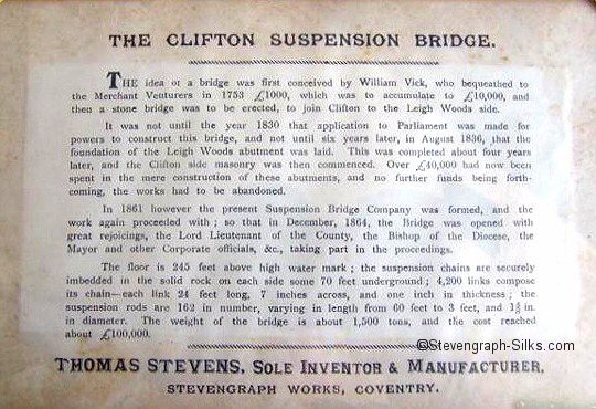 Rear story label of the Clifton Suspension Bridge silk
