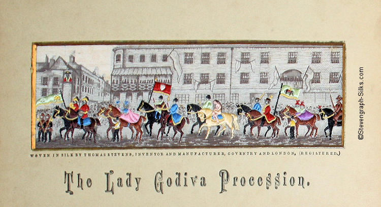 Procession through streets of Coventry, of soldiers with flags, and Lady Godiva, with Peeping Tom in corner of building