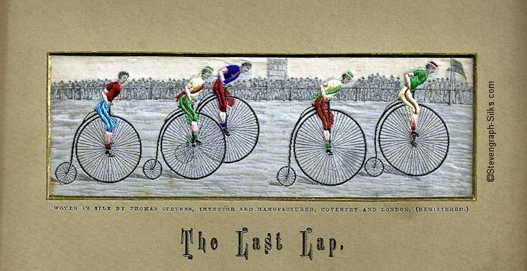 5 cyclists on old penny-farthing cycles racing towards the finish post