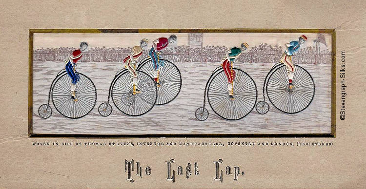 same five cyclists on old penny-farthing cycles racing towards the finish post, with different coloured jerseys