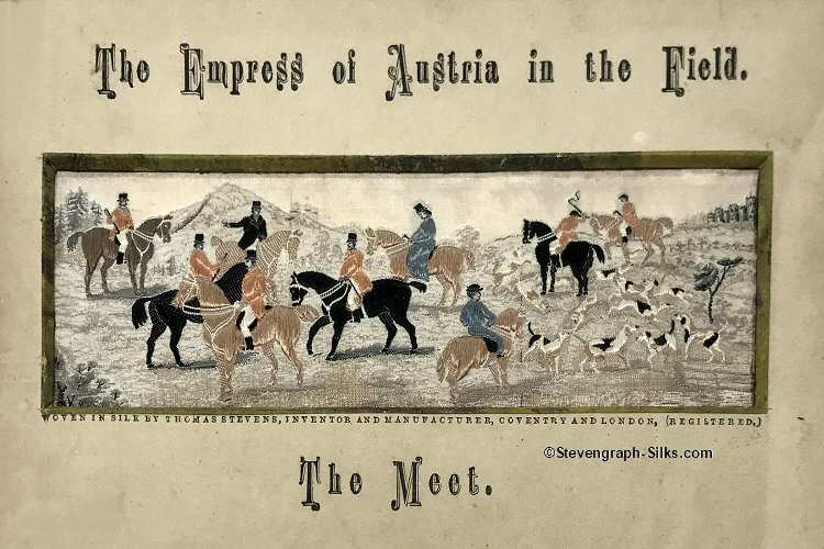 Fox hunters collecting with horses and hounds, waiting for the off, with overprinted title above mounted silk