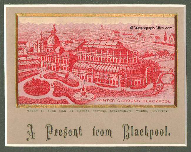 same image of Blackpool Winter Gardens pavillion, but woven in red silk