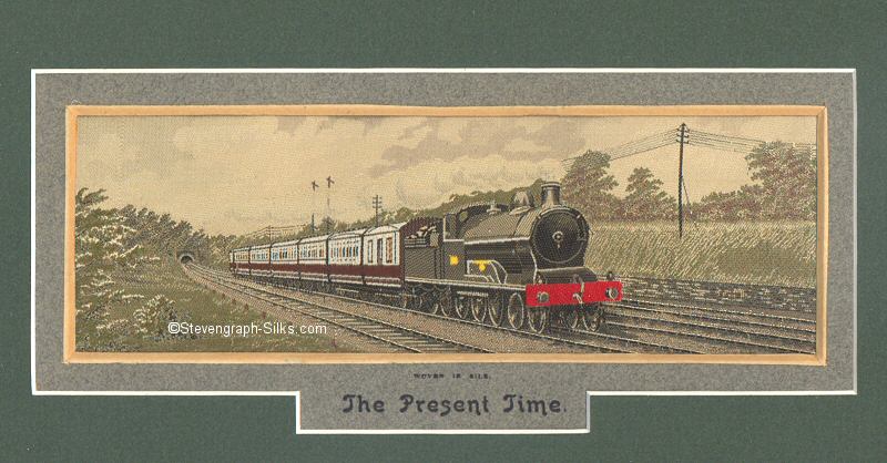 Image of steam train, approaching telegraph pole, driver not visible, pulling 6 carriages