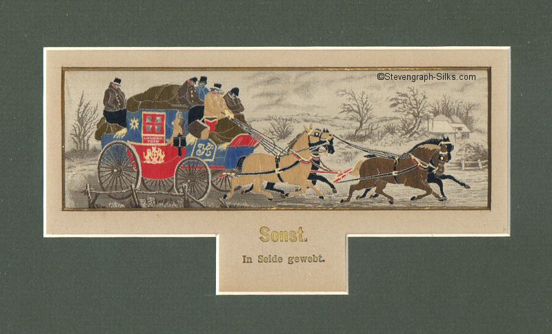 >Old horse drawn stage coach scene, with German title, Sonst, printed on cardboard matt.