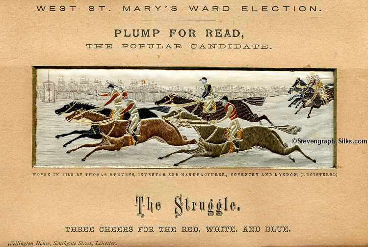 Image of two groups of horses and riders, racing to the finishing post, with printed political promotion words above and below silk