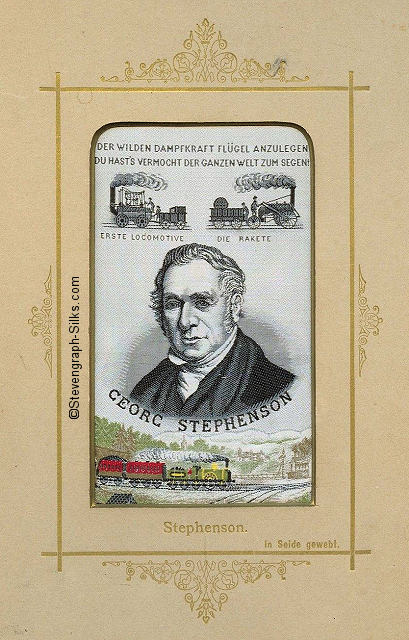 Image of George Stephenson, and locomotives, with German writing