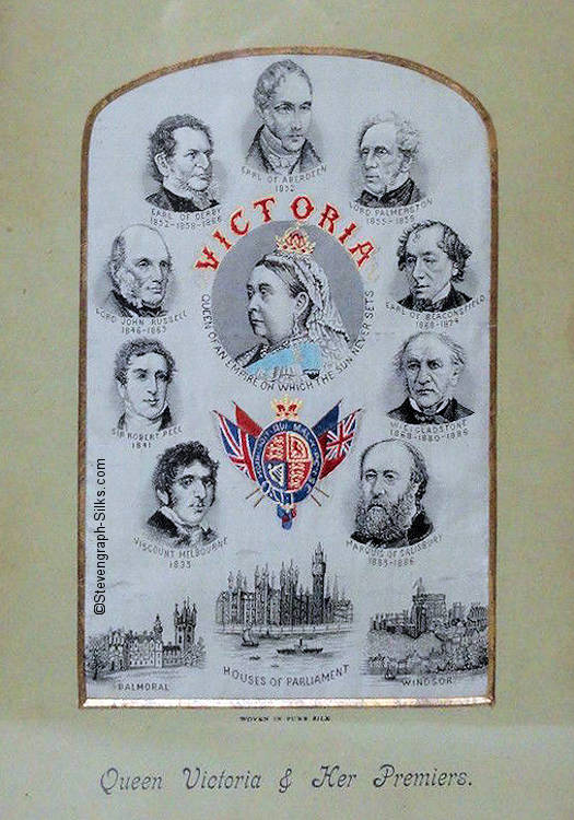 Image of Queen Victoria surrounded by images of nine Prime Ministers
