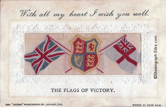 Alpha series postcard with woven flags and words above and below silk panel