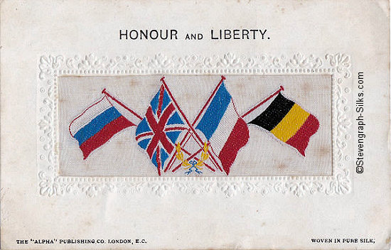 Alpha series postcard with woven flags and words above silk panel