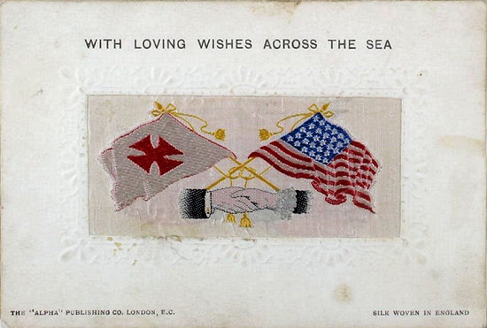 Stevens Alpha series postcard of Stevens Hands Across the Sea, with woven flags of Malta and USA