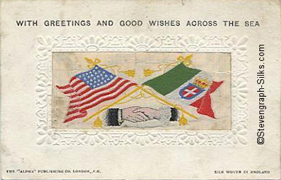 Alpha series postcard of Stevens Hands Across the Sea, with woven flags of USA and Italy
