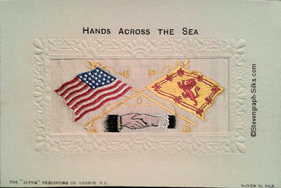 Alpha series postcard of Stevens Hands Across the Sea, with woven flags of USA and Scotland
