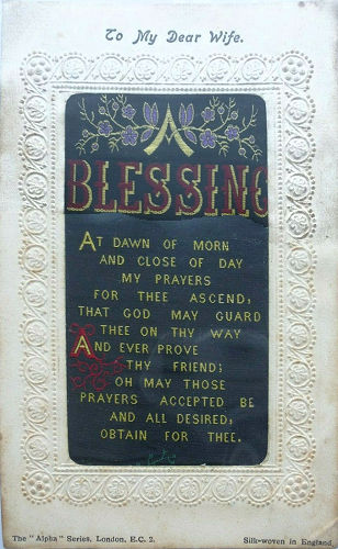 Stevens Alpha series postcard with woven A BLESSING / AT DAWN OF MORN words, with printed title