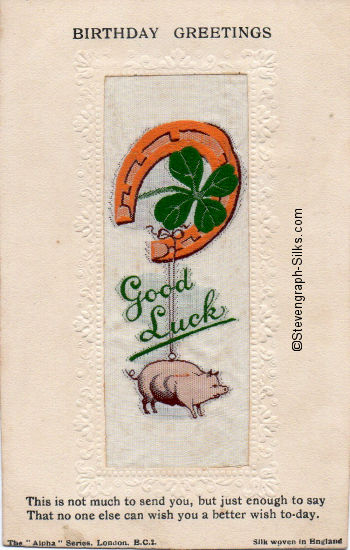 Stevens Alpha series postcard with image of a four-leaf clover in a horse shoe