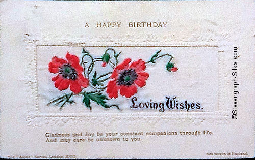 Alpha series postcard with woven LOVING WISHES words, image of poppies, with printed title and words below silk