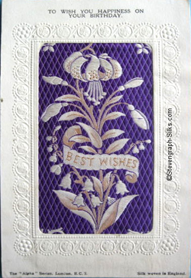 Stevens Alpha series postcard with words woven on silk