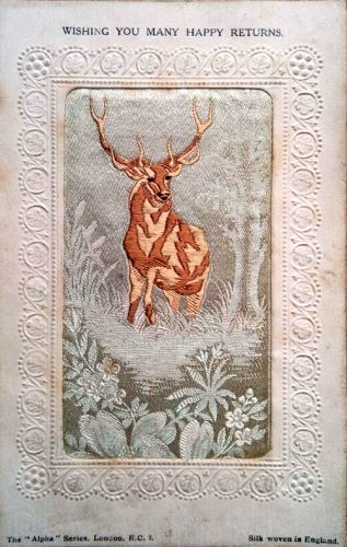 Stevens Alpha series postcard with image of a stag and printed words