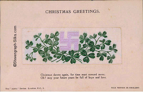 Alpha series postcard with no woven words, just cross design and shamrock, with printed title and words below silk