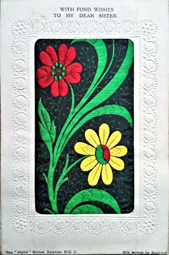 Stevens Alpha series postcard with woven image of red and yellow flowers on a branch, from the Stevens bookmark, with printed title