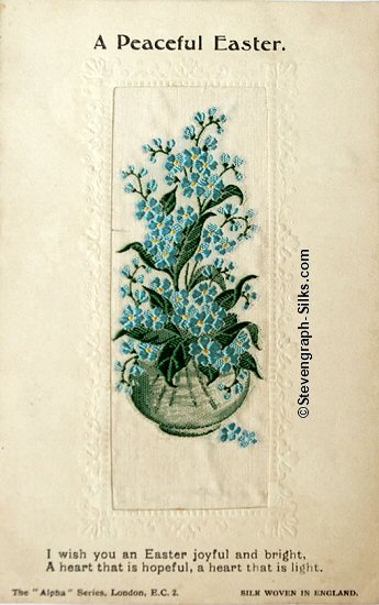 Stevens Alpha series postcard with bowl of Forget-me-not flowers