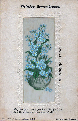 Stevens Alpha series postcard with bowl of Forget-me-not flowers