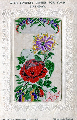 Stevens Alpha series postcard with image of honeysuckle and rose flowers and printed words