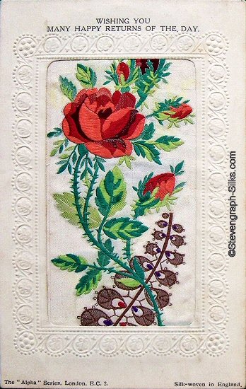 Stevens Alpha series postcard with roses, leaves and silver fern
