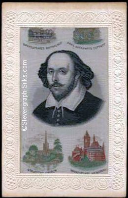 Portrait image of Shakespeare and four small views of Coventry