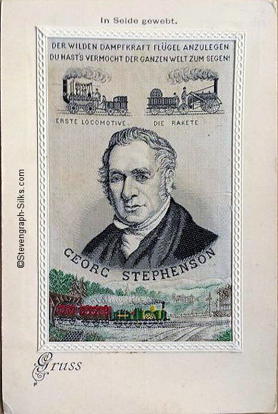 Portrait image of Stephenson with German words