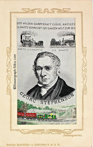 Portrait image of Stephenson with German words