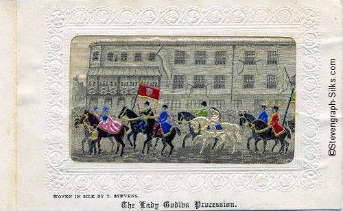 inside view of Christmas, 1905 card, with woven silk view of the annual Lady Godiva procession through Coventry