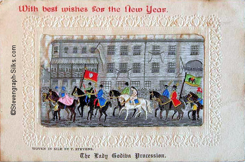 silk postcard of the Lady Godiva procession, with overprinted seasonal greetings