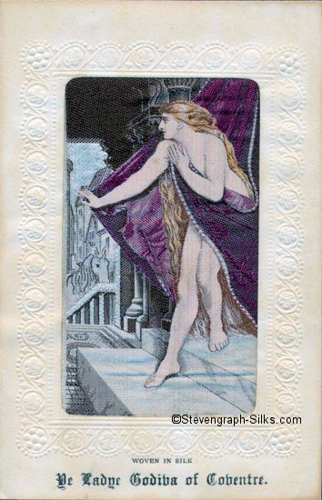 Colour silk view of The Lady Godiva descending steps, with her horse waiting in the background