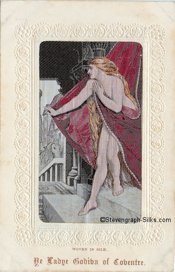 Colour silk view of The Lady Godiva descending steps, with her horse waiting in the background